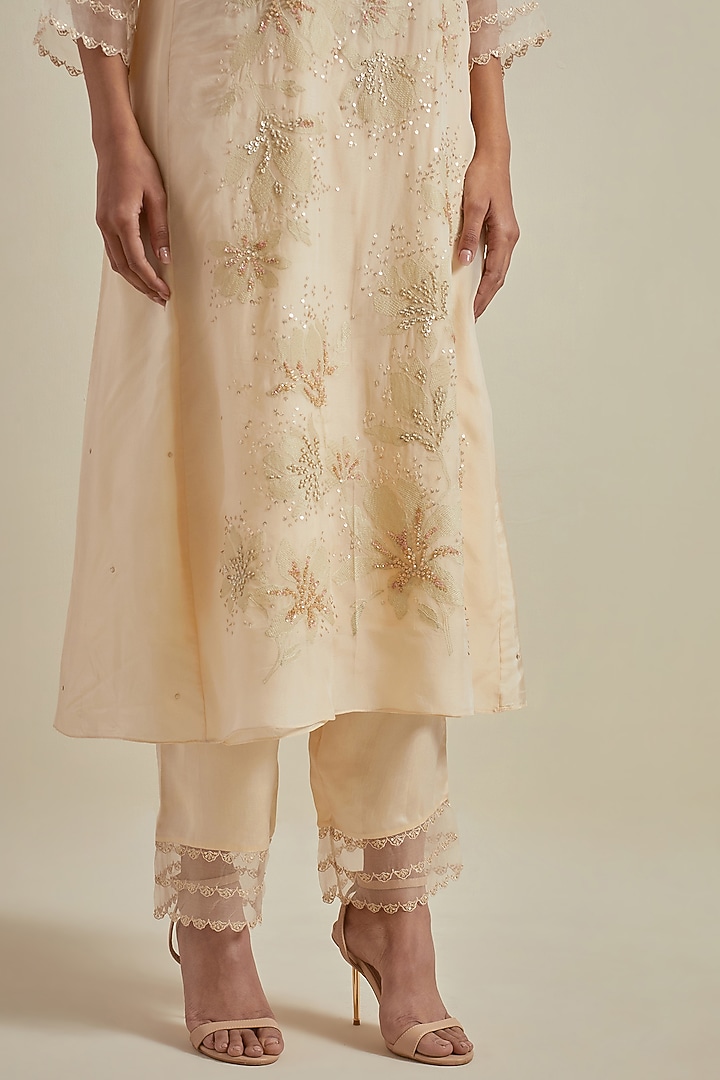 Ecru Viscose Silk Floral Thread Embroidered A-Line Kurta Set by One not two at Pernia's Pop Up Shop