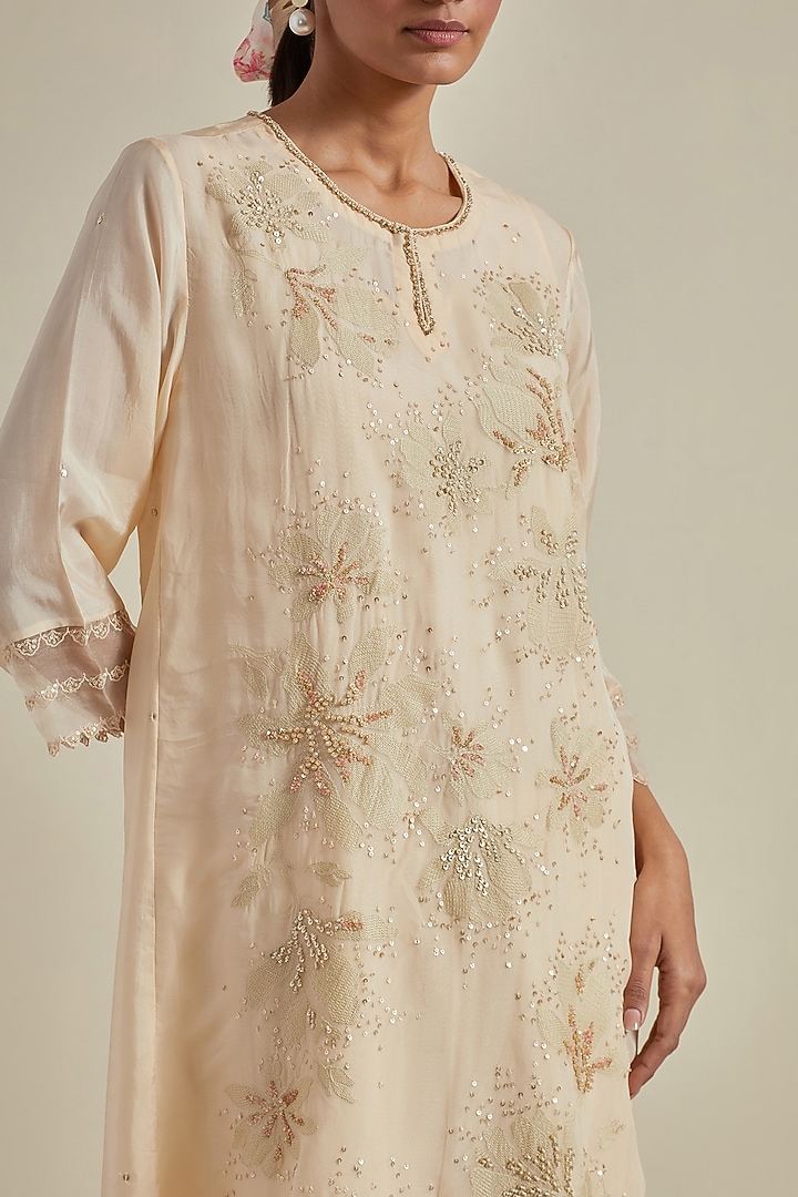 Ecru Viscose Silk Floral Thread Embroidered A-Line Kurta Set by One not two at Pernia's Pop Up Shop
