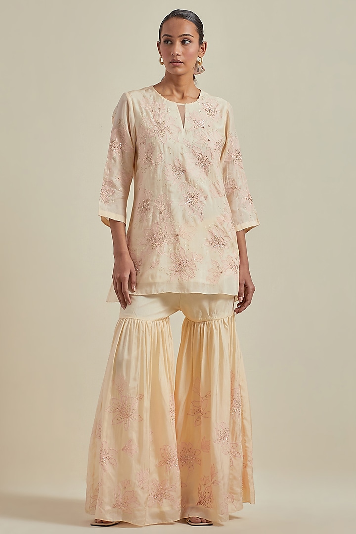 Ecru Viscose Silk Floral Thread Embroidered Wedding Sharara Set by One not two at Pernia's Pop Up Shop