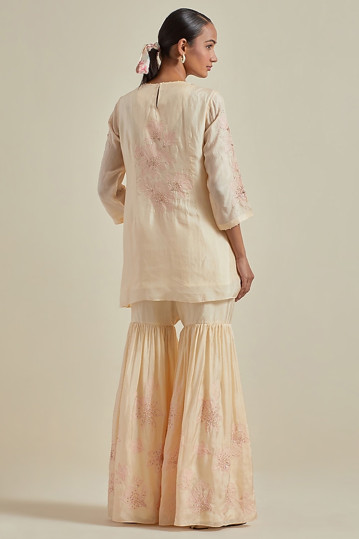 Ecru Viscose Silk Floral Thread Embroidered Wedding Sharara Set by One not two at Pernia's Pop Up Shop
