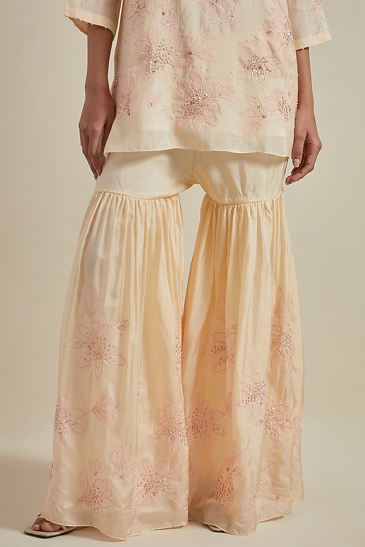 Ecru Viscose Silk Floral Thread Embroidered Wedding Sharara Set by One not two at Pernia's Pop Up Shop