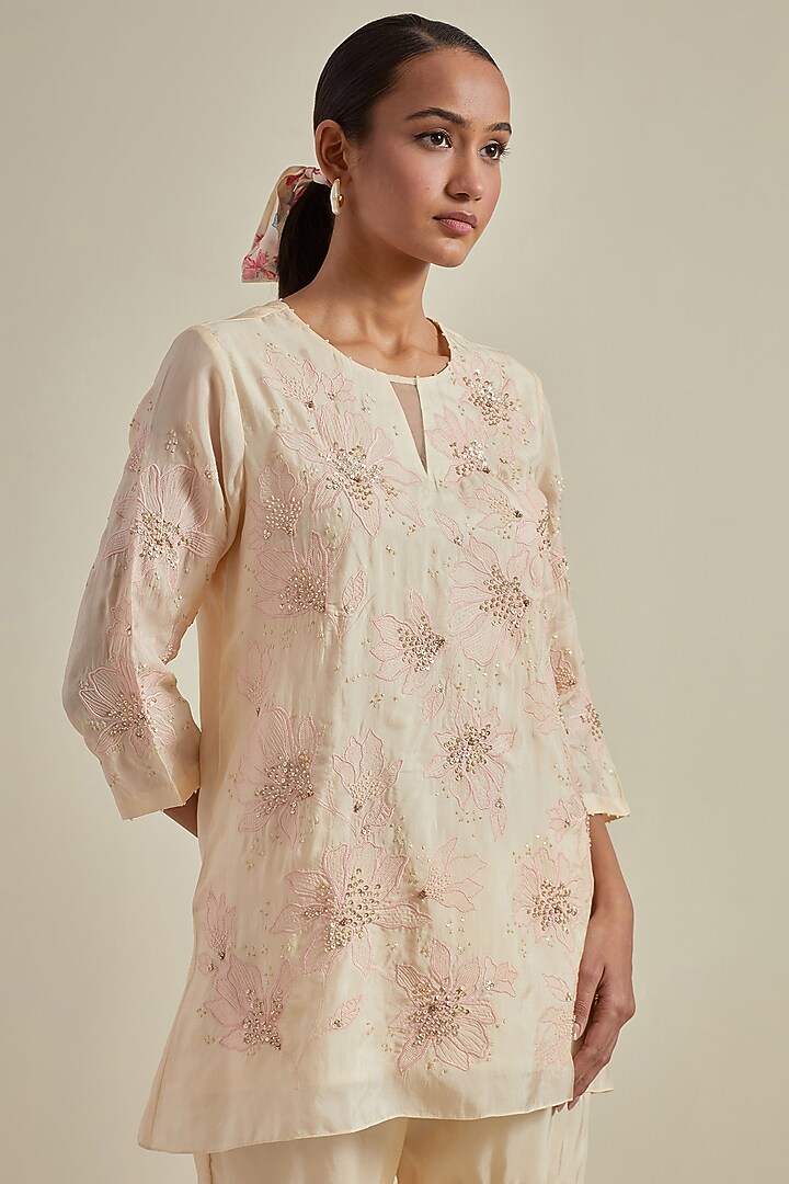 Ecru Viscose Silk Floral Thread Embroidered Wedding Sharara Set by One not two at Pernia's Pop Up Shop