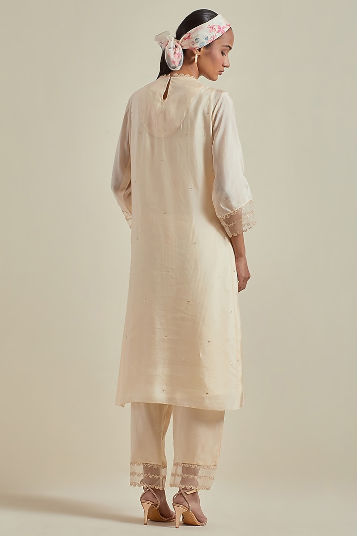 Ecru Viscose Silk & Organza Thread Embroidered A-Line Kurta Set by One not two at Pernia's Pop Up Shop