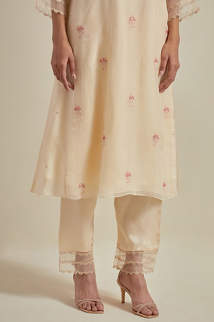Ecru Viscose Silk & Organza Thread Embroidered A-Line Kurta Set by One not two at Pernia's Pop Up Shop