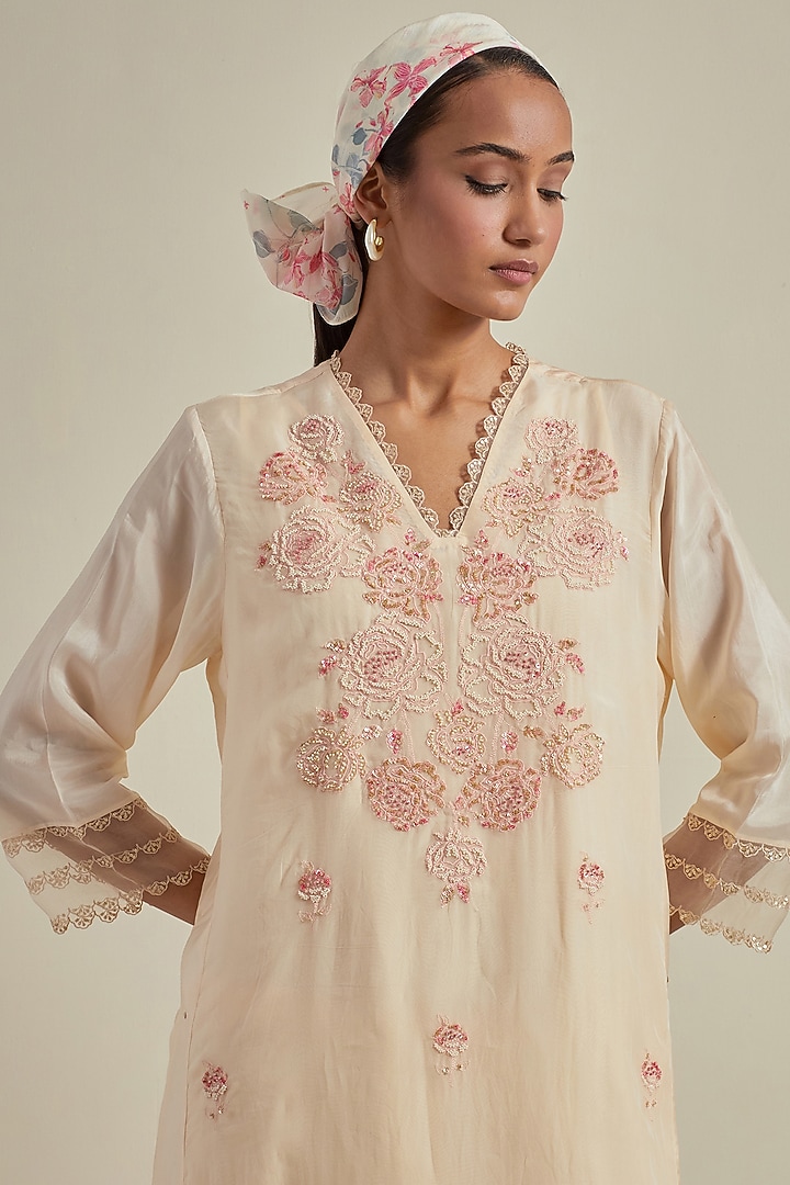 Ecru Viscose Silk & Organza Thread Embroidered A-Line Kurta Set by One not two at Pernia's Pop Up Shop