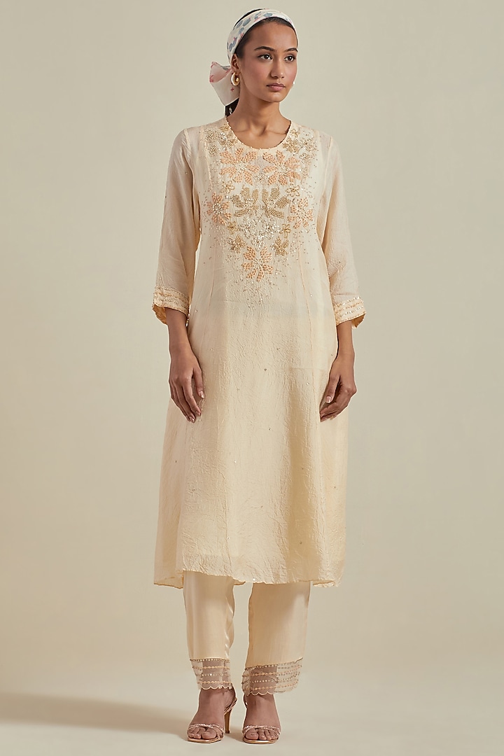 Ecru Viscose Silk Floral Bead Embroidered Kurta Set by One not two at Pernia's Pop Up Shop