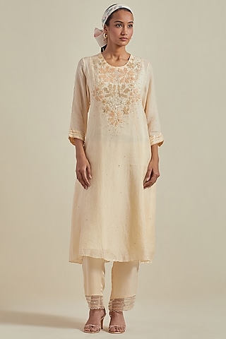 Ecru Viscose Silk Floral Bead Embroidered Kurta Set by One not two