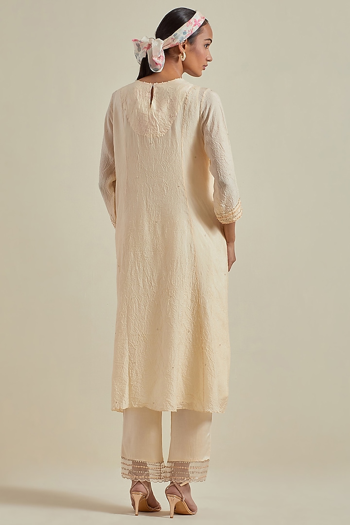 Ecru Viscose Silk Floral Bead Embroidered Kurta Set by One not two at Pernia's Pop Up Shop