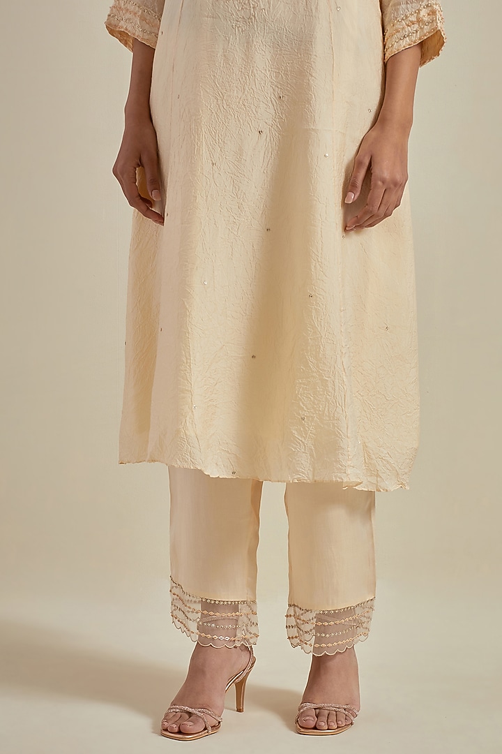 Ecru Viscose Silk Floral Bead Embroidered Kurta Set by One not two at Pernia's Pop Up Shop