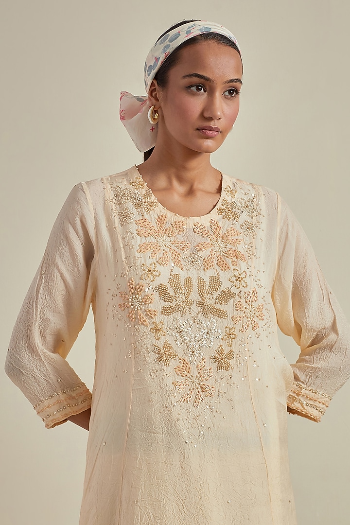 Ecru Viscose Silk Floral Bead Embroidered Kurta Set by One not two at Pernia's Pop Up Shop