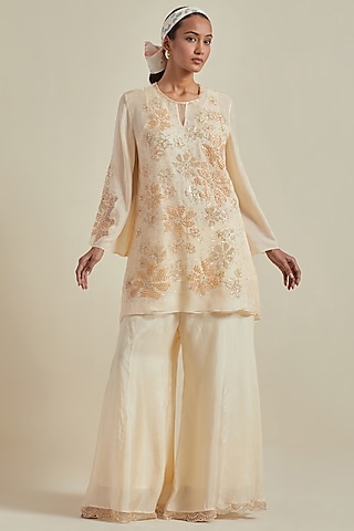 Ecru Viscose Silk Floral Hand Embroidered Gharara Set by One not two