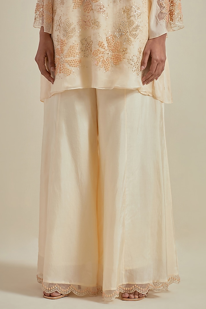 Ecru Viscose Silk Floral Hand Embroidered Gharara Set by One not two at Pernia's Pop Up Shop