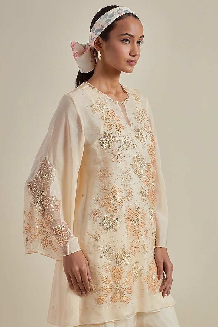Ecru Viscose Silk Floral Hand Embroidered Gharara Set by One not two at Pernia's Pop Up Shop