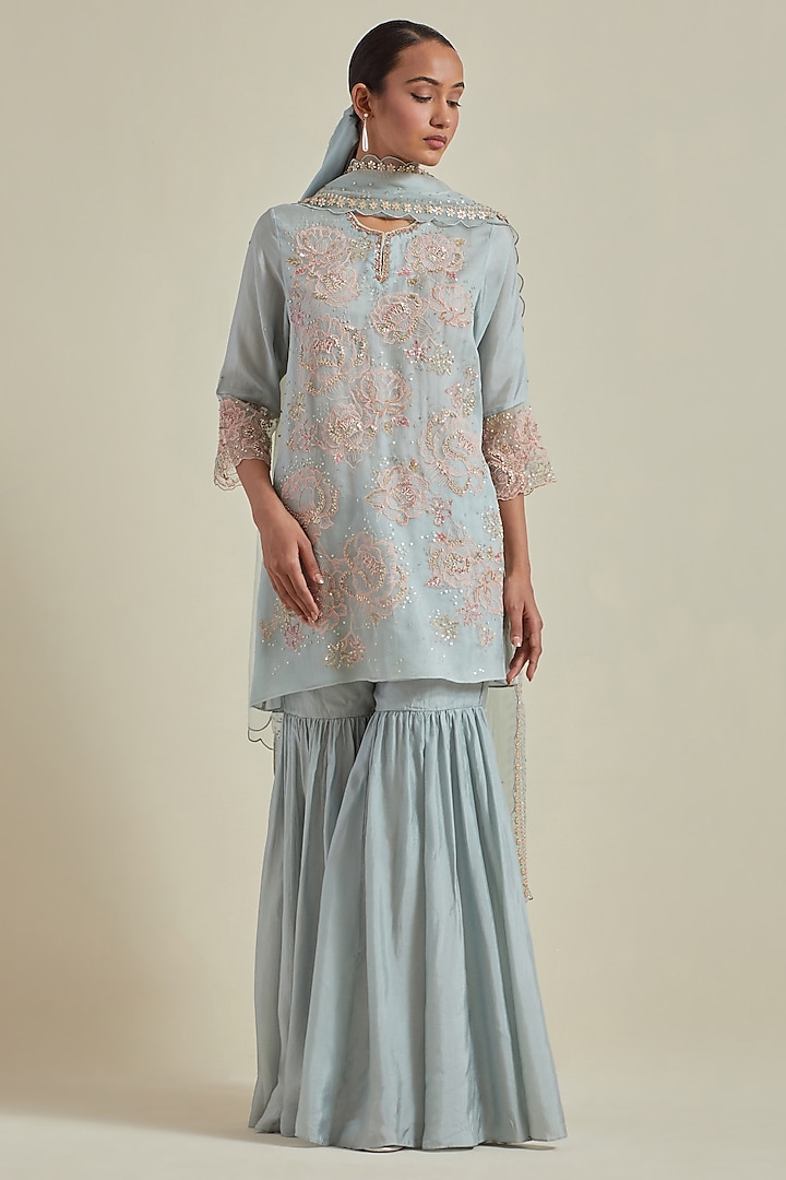 Powder Blue Organza Sequins Work Dupatta by One not two at Pernia's Pop Up Shop