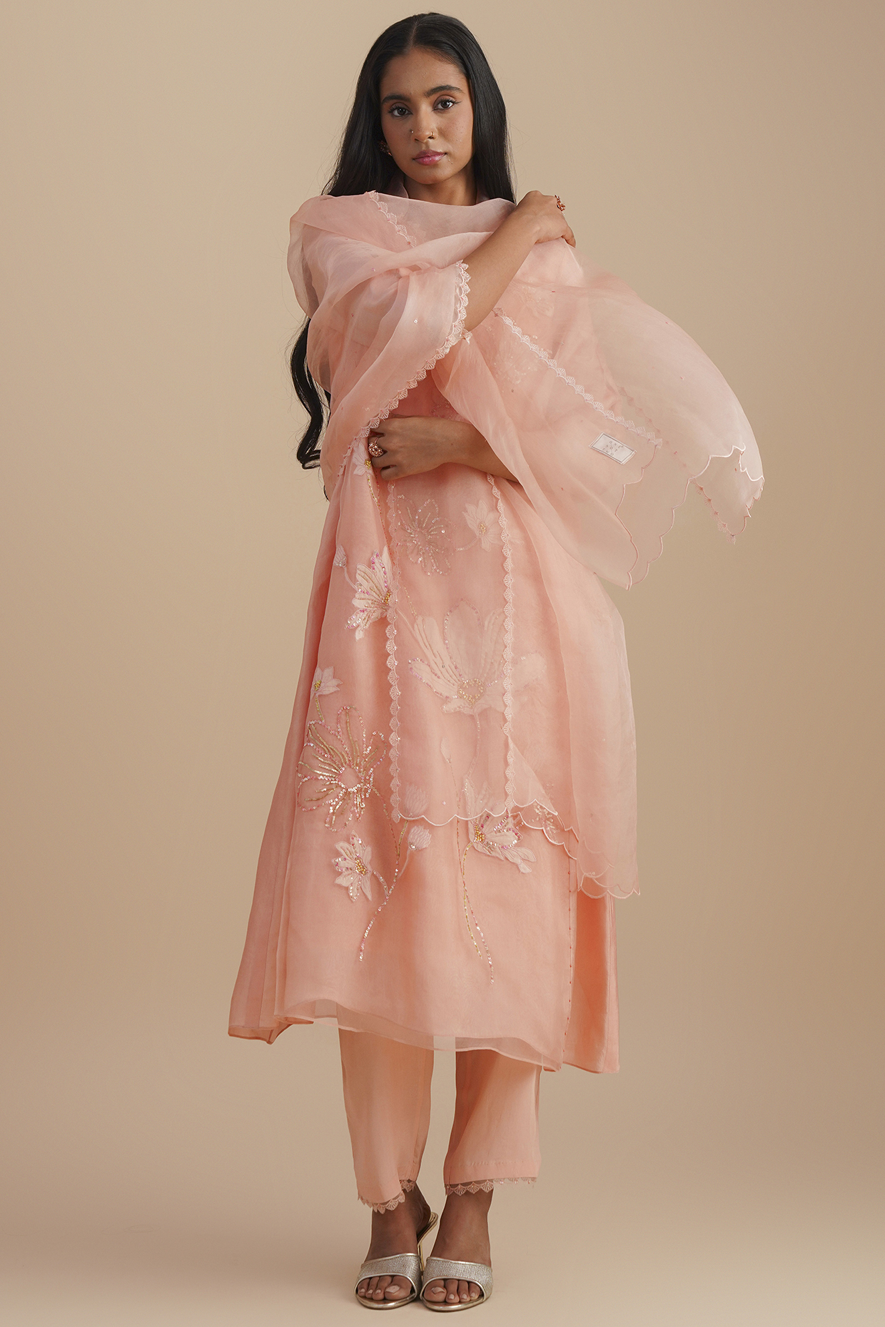 Blush Silk Organza Sequins Embroidered Dupatta by One not two at Pernia's Pop Up Shop