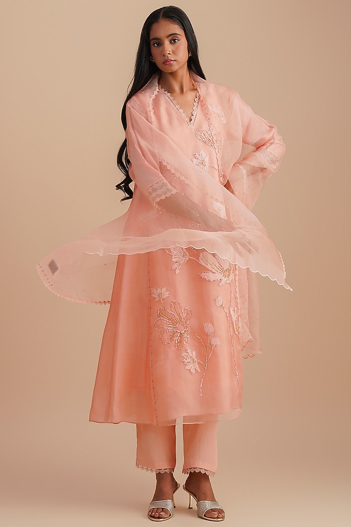 Blush Silk Organza Sequins Embroidered Dupatta by One not two at Pernia's Pop Up Shop