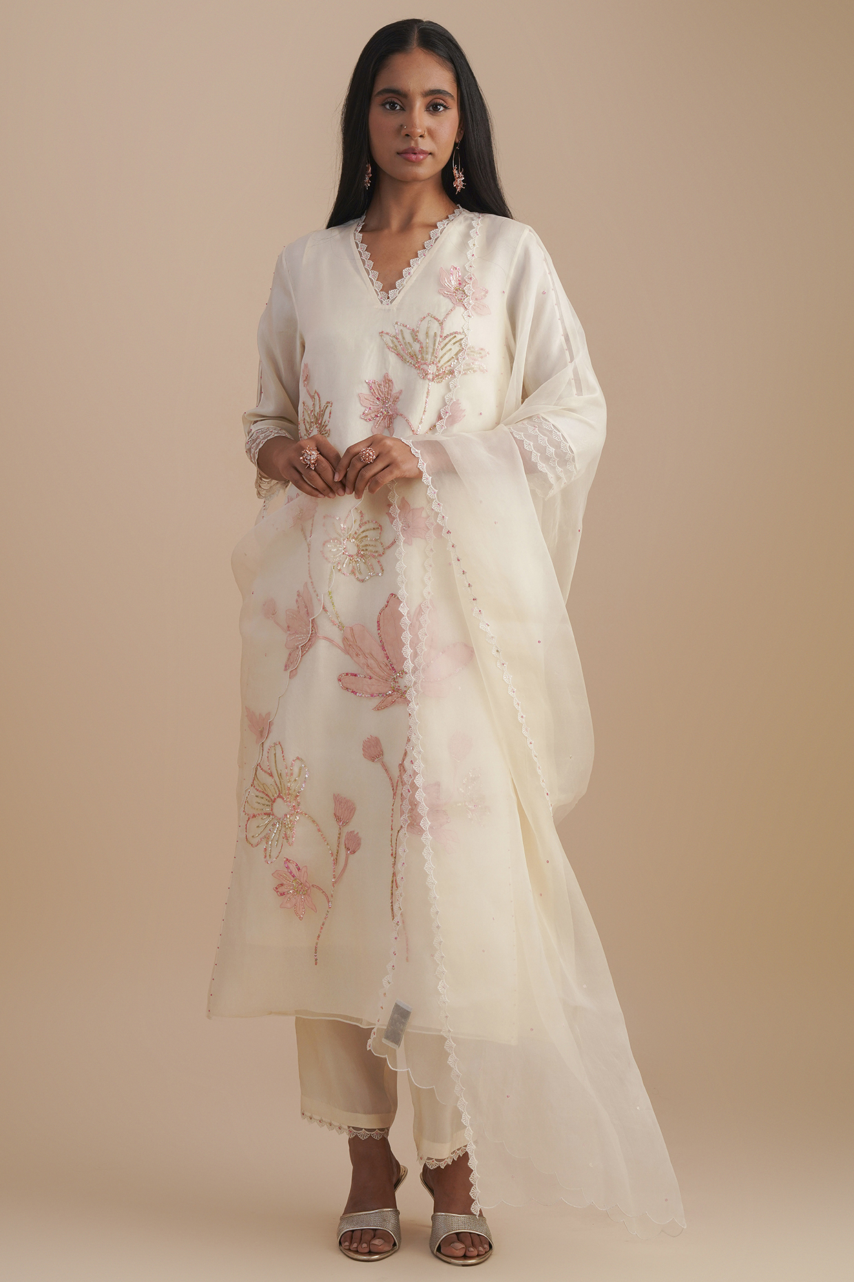 Ecru Silk Organza Sequins Embroidered Dupatta by One not two at Pernia's Pop Up Shop