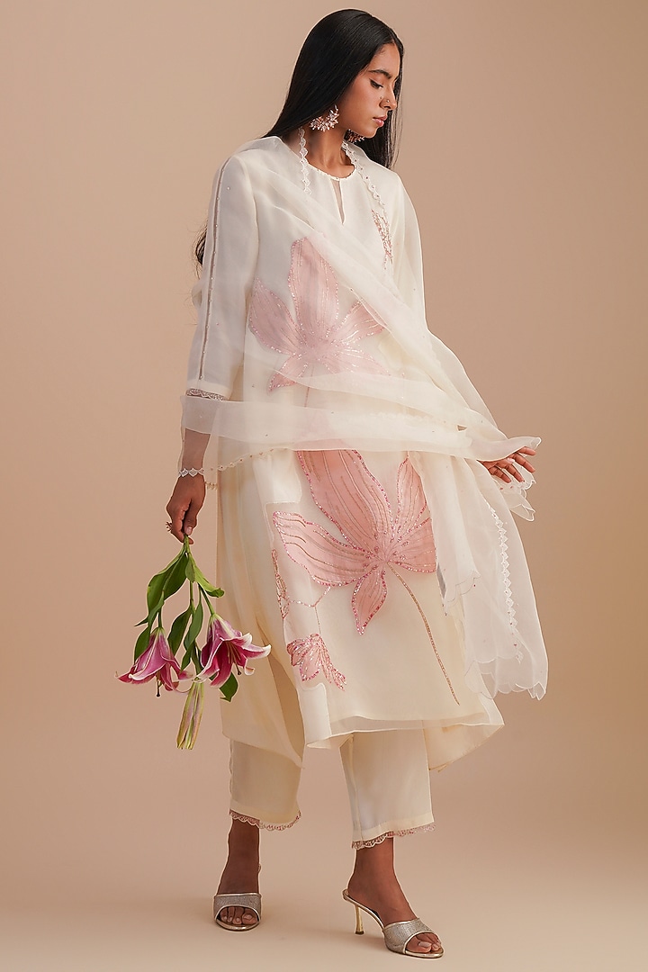 Ecru Silk Organza Sequins Embroidered Dupatta by One not two at Pernia's Pop Up Shop