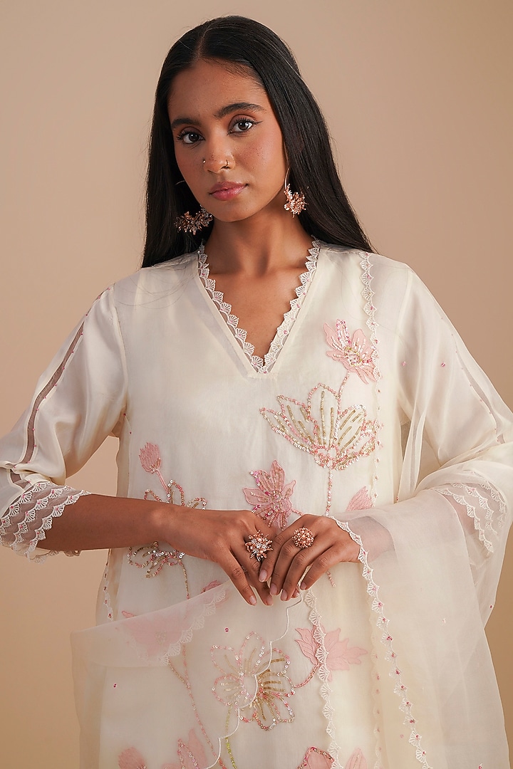 Ecru Silk Organza Sequins Embroidered Dupatta by One not two at Pernia's Pop Up Shop