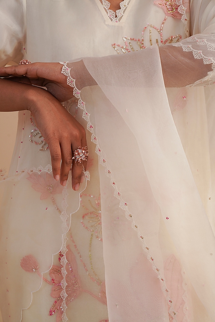 Ecru Silk Organza Sequins Embroidered Dupatta by One not two at Pernia's Pop Up Shop