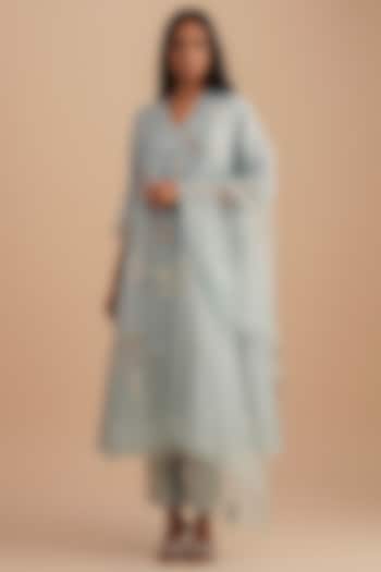 Powder Blue Silk Organza Sequins Embroidered Dupatta by One not two at Pernia's Pop Up Shop