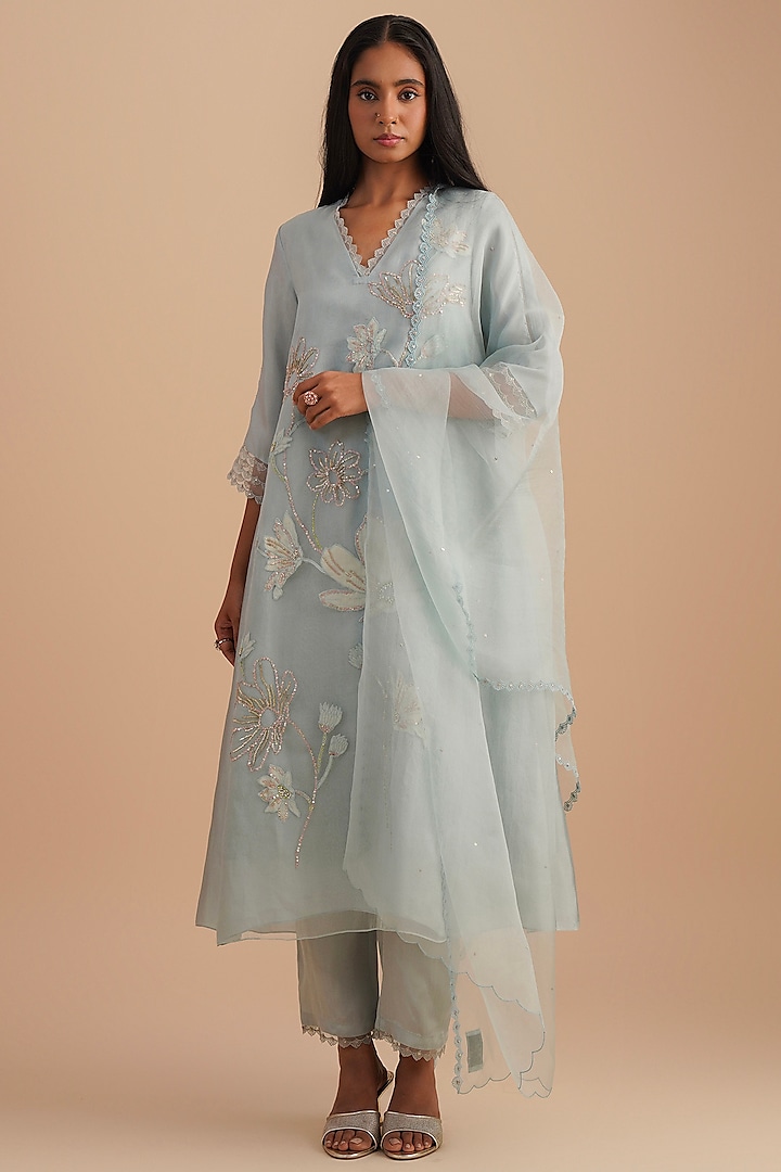 Powder Blue Silk Organza Sequins Embroidered Dupatta by One not two at Pernia's Pop Up Shop
