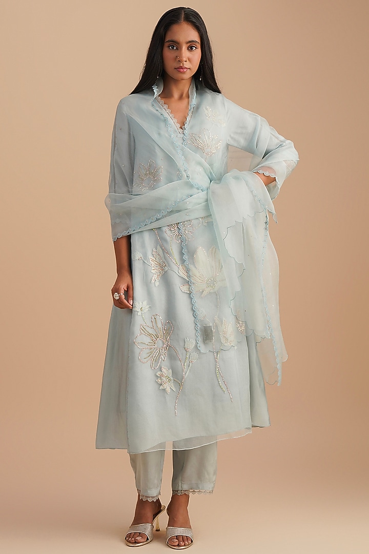 Powder Blue Silk Organza Sequins Embroidered Dupatta by One not two at Pernia's Pop Up Shop