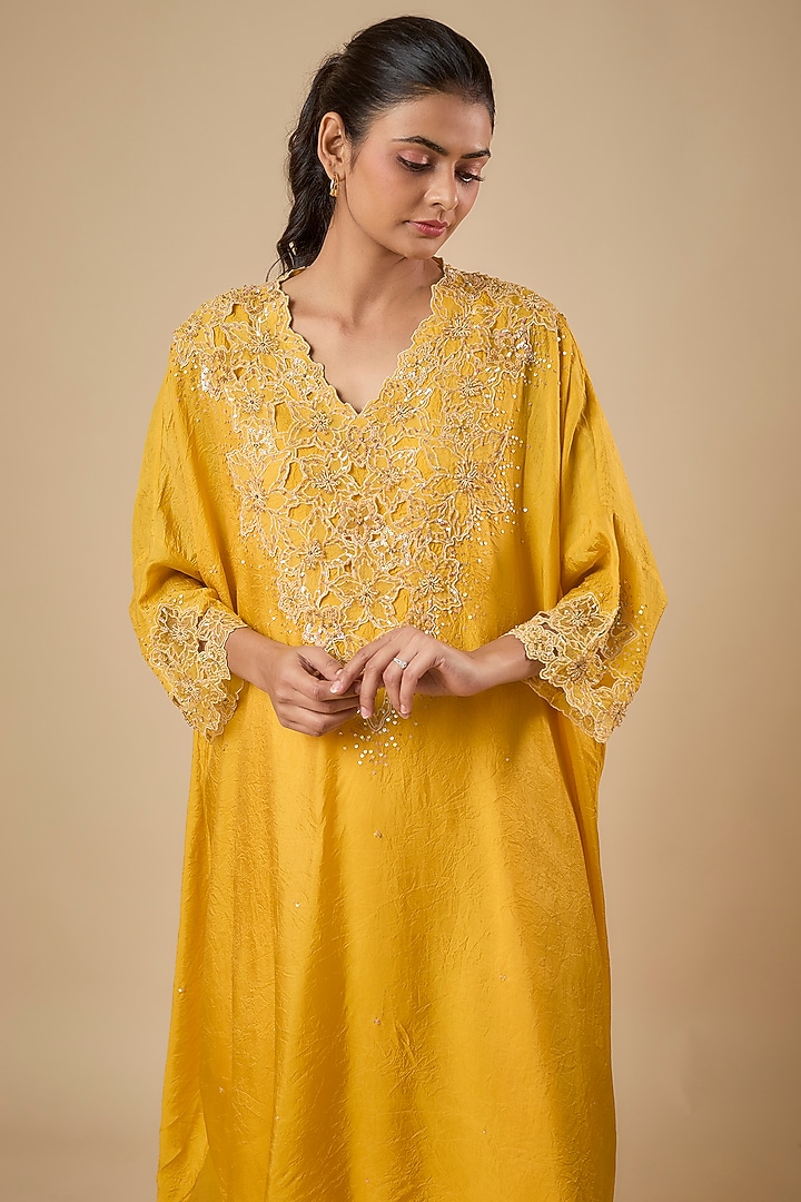 Amber Yellow Silk Kurta Set by One not two at Pernia's Pop Up Shop