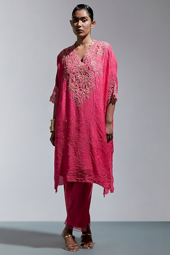 Raspberry Pink Silk Floral Thread Embroidered Kurta Set by One not two at Pernia's Pop Up Shop