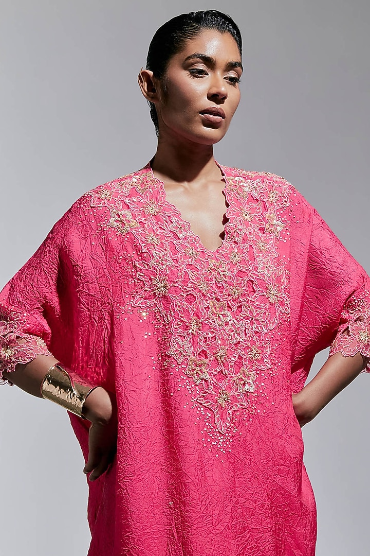 Raspberry Pink Silk Floral Thread Embroidered Kurta Set by One not two at Pernia's Pop Up Shop
