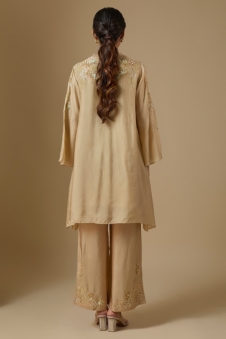 Shell-Colored Silk Floral Hand Embroidered Kurta Set by One not two at Pernia's Pop Up Shop