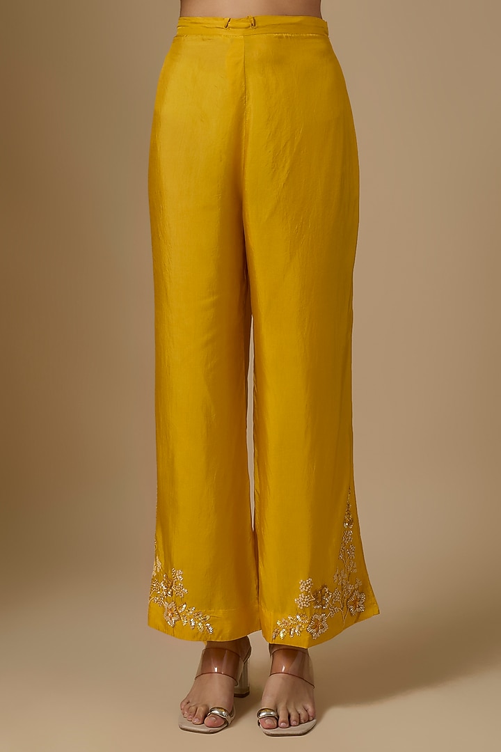 Amber Yellow Silk Floral Hand Embroidered Kurta Set by One not two at Pernia's Pop Up Shop
