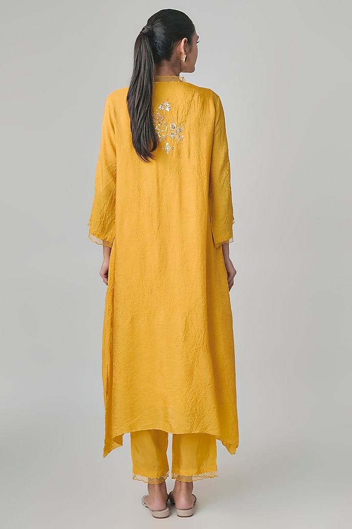 Amber Yellow Silk Floral Embroidered Kurta Set by One not two at Pernia's Pop Up Shop