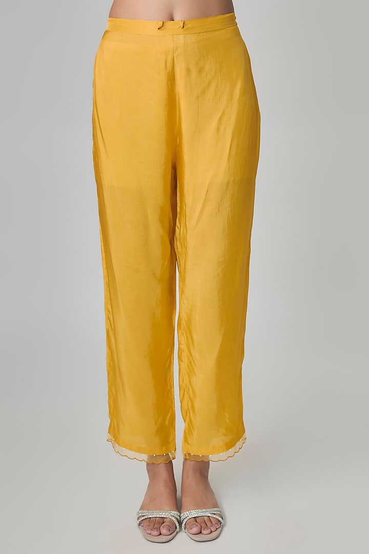 Amber Yellow Silk Floral Embroidered Kurta Set by One not two at Pernia's Pop Up Shop
