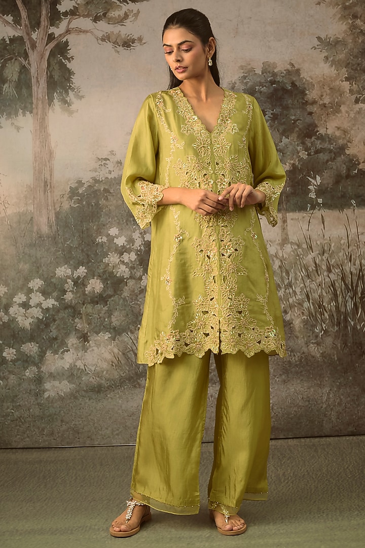 Heena Green Silk Embroidered Co-Ord Set by One not two at Pernia's Pop Up Shop