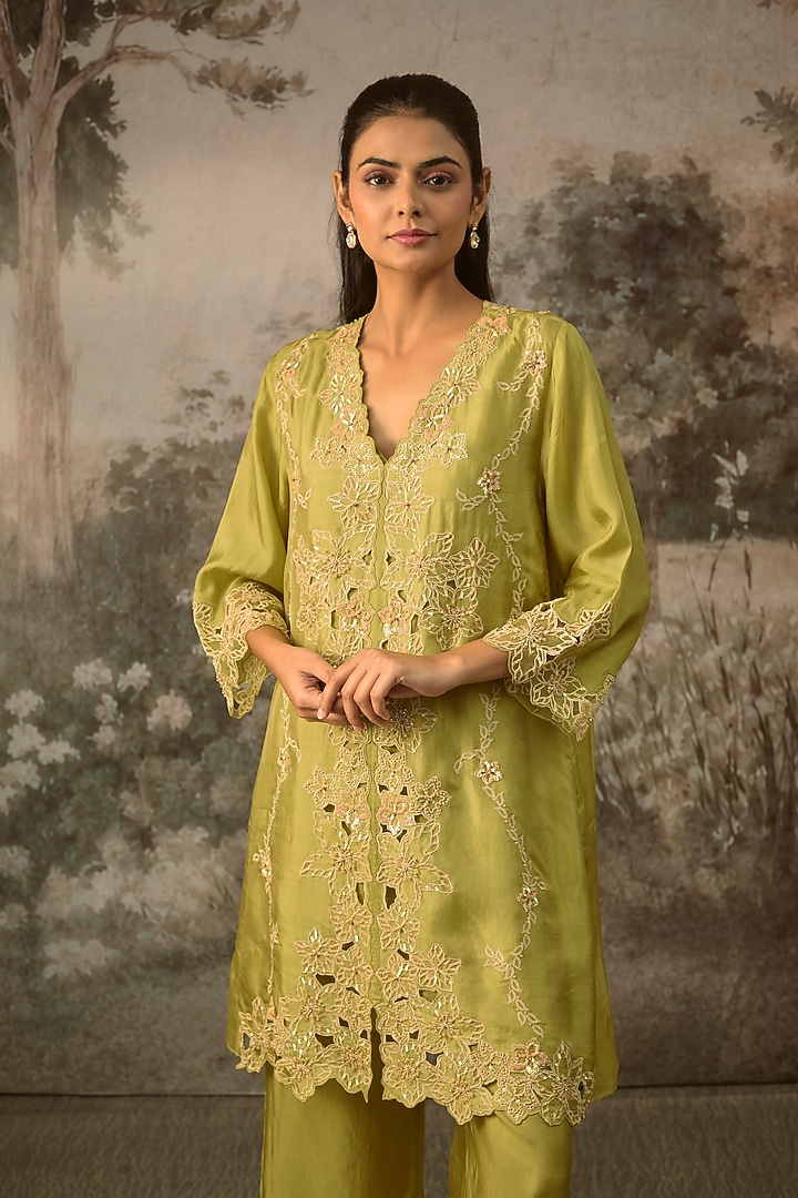 Heena Green Silk Embroidered Co-Ord Set by One not two at Pernia's Pop Up Shop