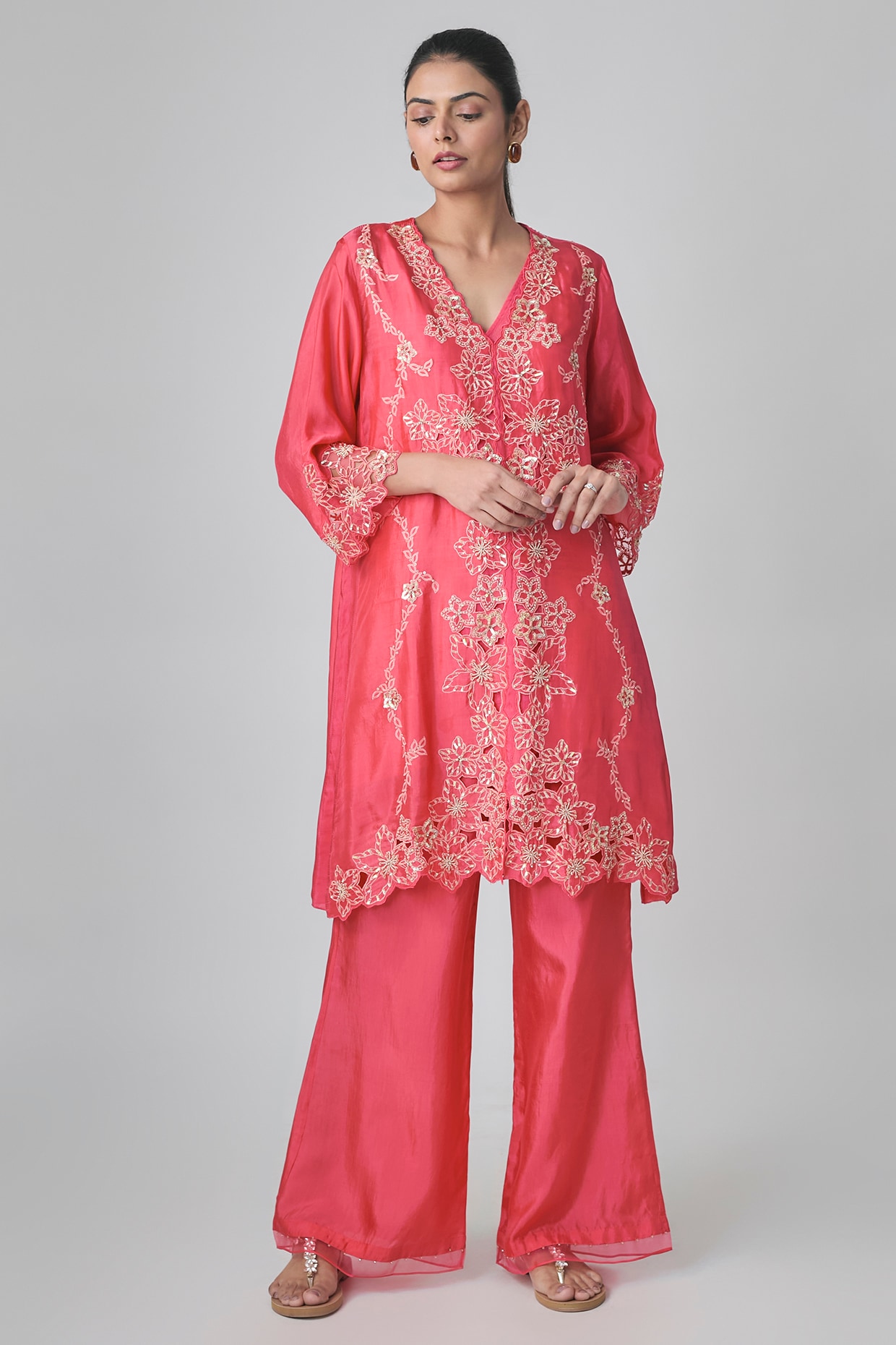 One not two Raspberry Silk Embroidered Co-Ord Set