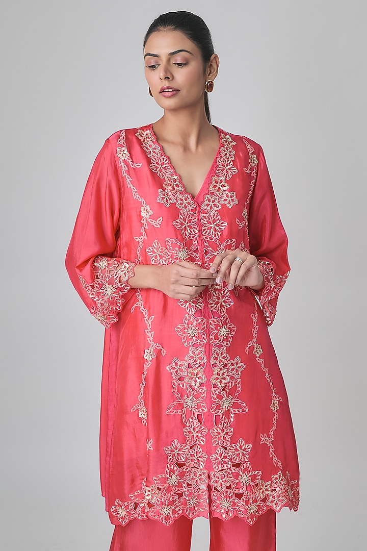 Raspberry Silk Embroidered Co-Ord Set by One not two at Pernia's Pop Up Shop