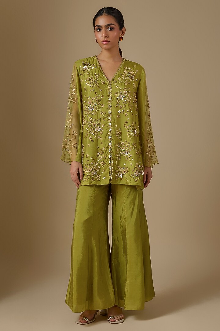 Henna Green Silk Wedding Sharara Set by One not two at Pernia's Pop Up Shop