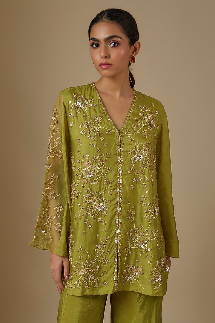 Henna Green Silk Wedding Sharara Set by One not two at Pernia's Pop Up Shop