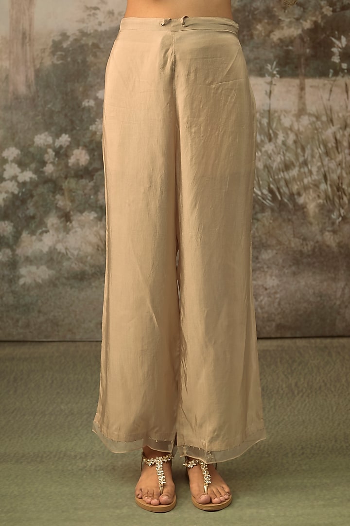Shell-Colored Crushed Silk Floral Embroidered Kurta Set by One not two at Pernia's Pop Up Shop