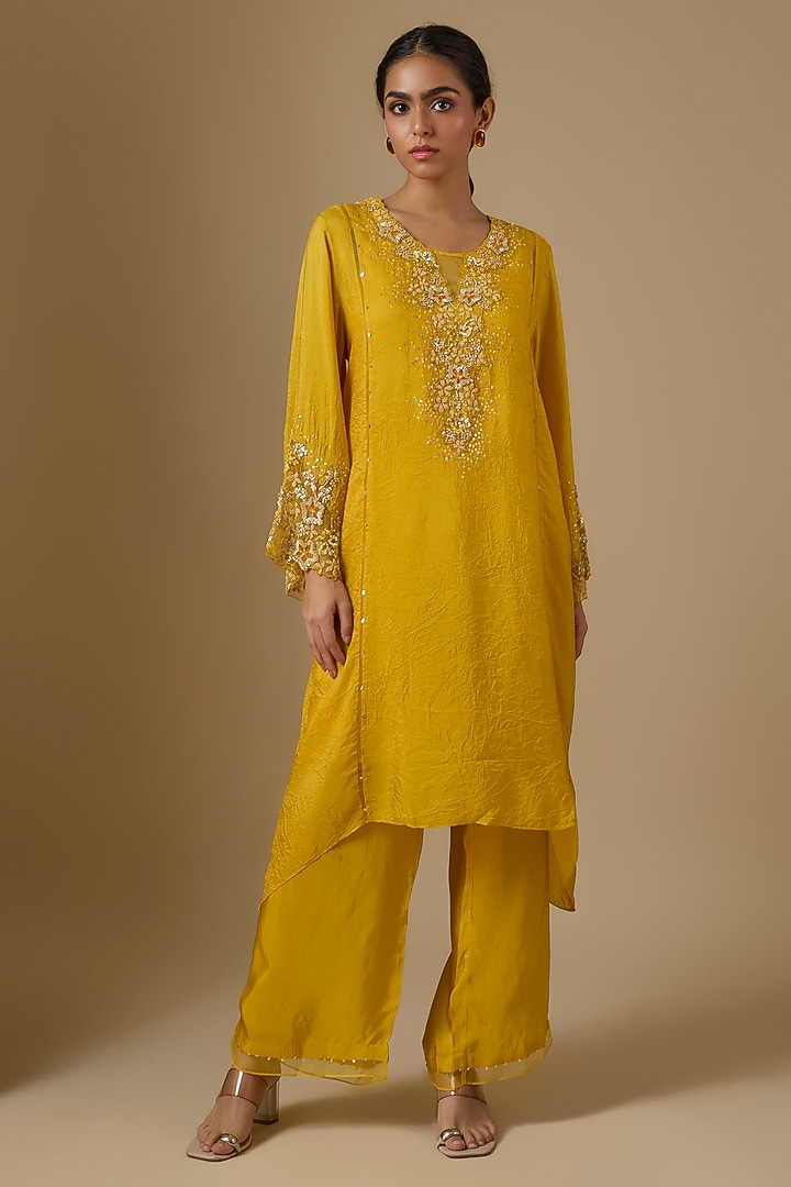 Amber Yellow Crushed Silk Floral Hand Embroidered Kurta Set by One not two at Pernia's Pop Up Shop