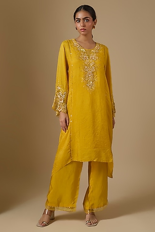 Amber Yellow Crushed Silk Floral Hand Embroidered Kurta Set by One not two