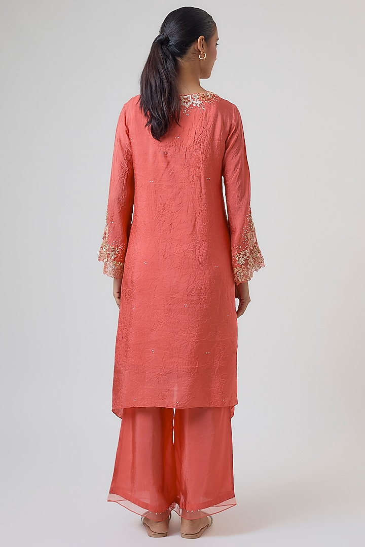 Vermillion Crushed Silk Floral Embroidered Kurta Set by One not two at Pernia's Pop Up Shop
