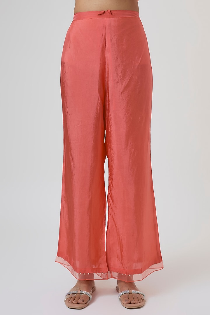 Vermillion Crushed Silk Floral Embroidered Kurta Set by One not two at Pernia's Pop Up Shop