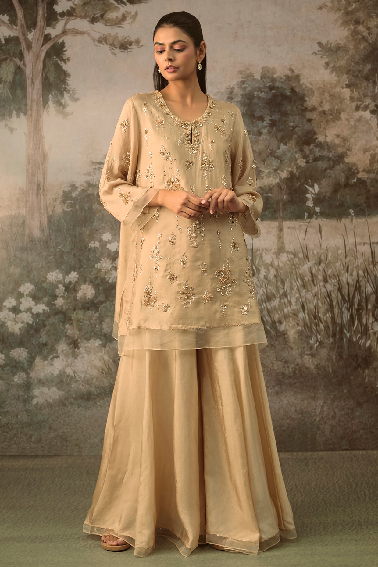 One not two Shell-Colored Silk Sharara Set