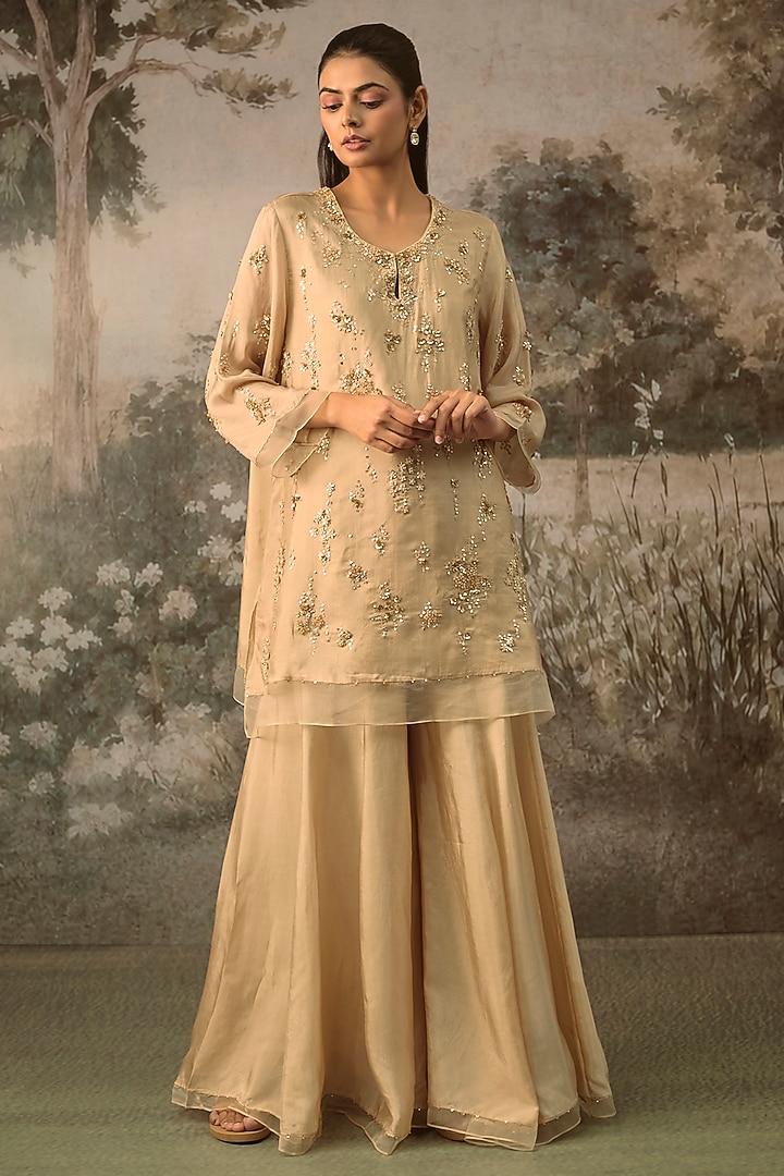Shell-Colored Silk Wedding Sharara Set by One not two at Pernia's Pop Up Shop