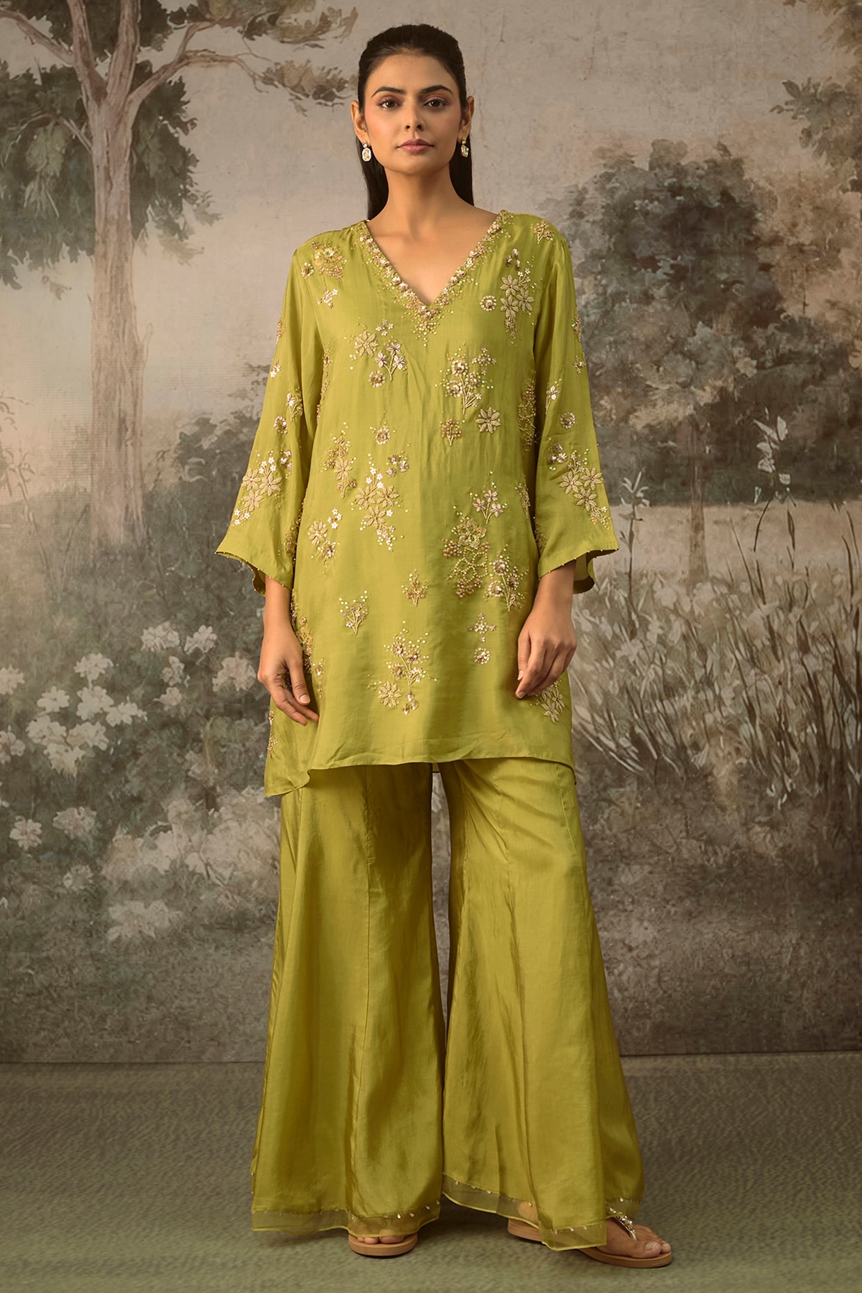 One not two Heena Green Silk Sharara Set