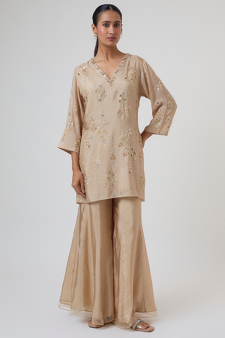 Shell-Colored Crushed Silk Floral Embroidered Sharara Set by One not two at Pernia's Pop Up Shop