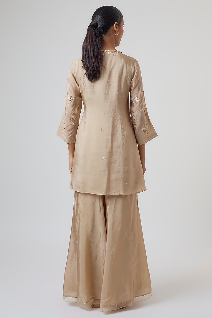 Shell-Colored Crushed Silk Floral Embroidered Sharara Set by One not two at Pernia's Pop Up Shop